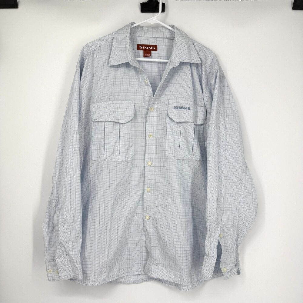 Simms Shirt Mens Large Plaid Fishing Camp Long Sleeve Button Up Collar Light